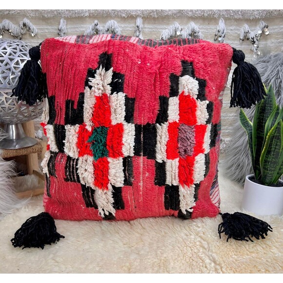 Handmade Moroccan Floor Pillow Ottoman, Vintage Boucherouite Pouf 03YS0080 - Picture 6 of 10